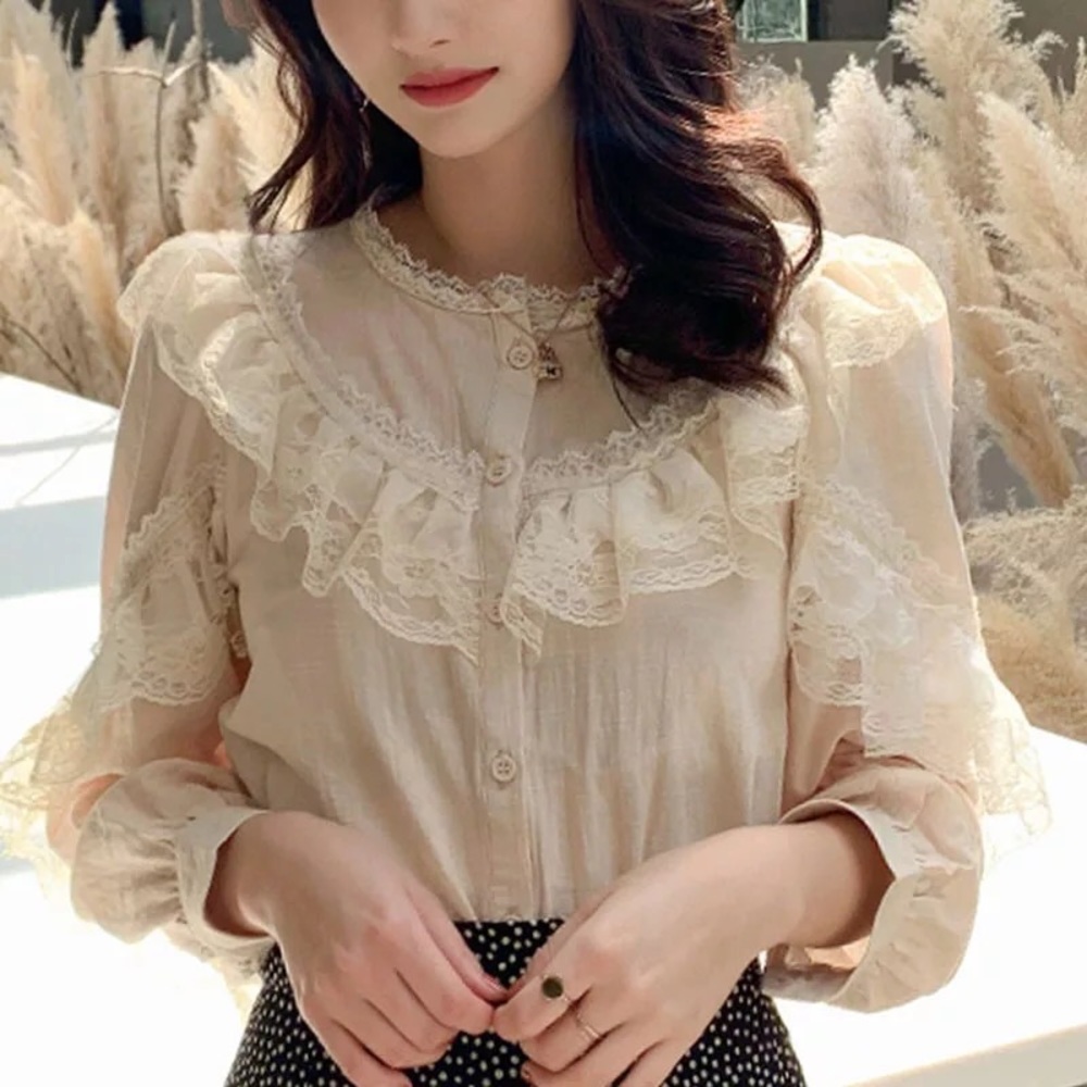 Lace blouse button shirt cream beige ruffle long sleeve  top womens - Picture 7 of 10